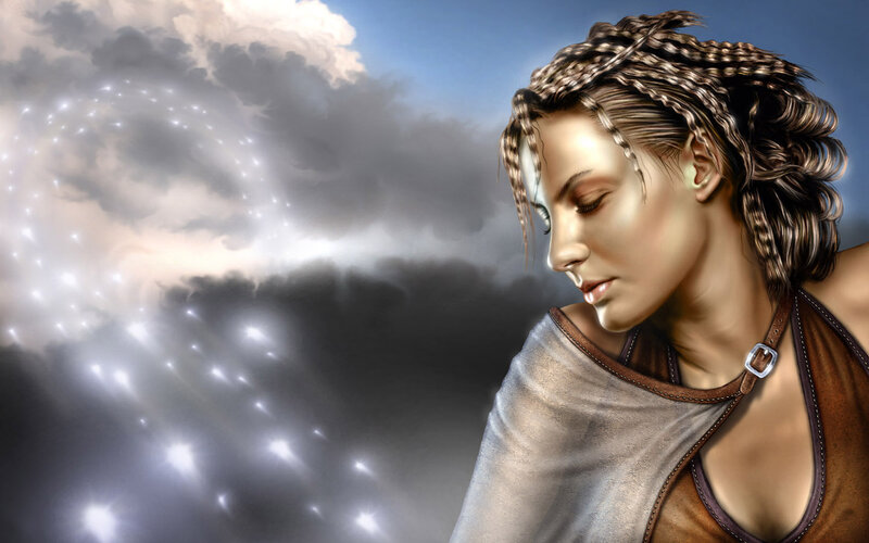 Woman with Braided Hair — Brown, Dramatic, Digital Art, Clouds
