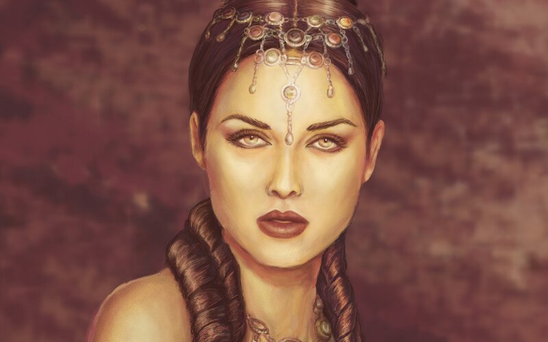 Woman with Braided Hair — Brown, Dramatic, Digital Art, Headpiece