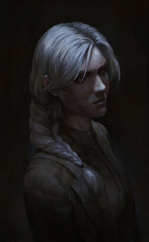 Woman with Braided Hair — Gray, Dramatic, Digital Art