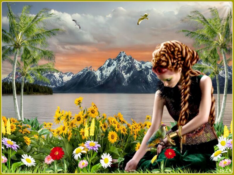 Woman with Braided Hair — Green, Serene, Sunset
