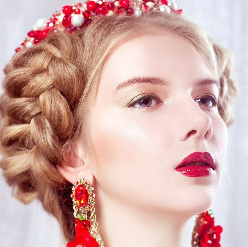 Woman with Braided Hair — Red, Dramatic, Photograph, Crown