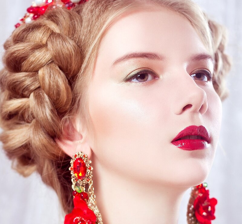 Woman with Braided Hair — Red, Dramatic, Photograph, Red Earrings
