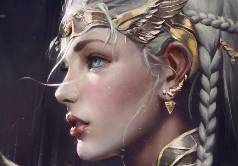 Woman with Braided Hair — White, Dramatic, Digital Art