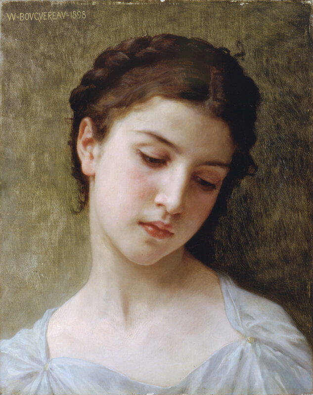 Woman with Braided Hair — White, Serene, Painting