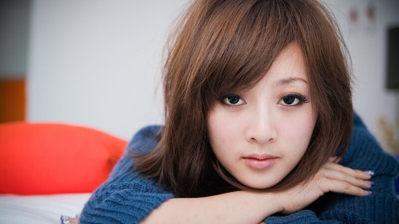 Woman with Brown Hair — Blue, Calm, Photograph, Pillow, Sweater, Red