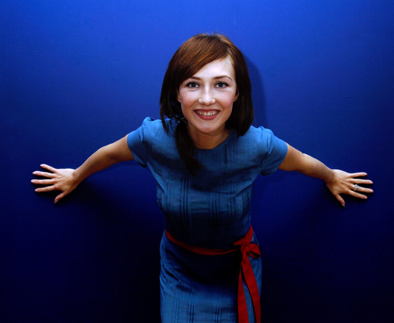 Woman with Brown Hair — Blue, Friendly, Photograph, Blue Dress