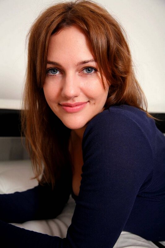 Woman with Brown Hair — Blue, Neutral, Photograph, Bed