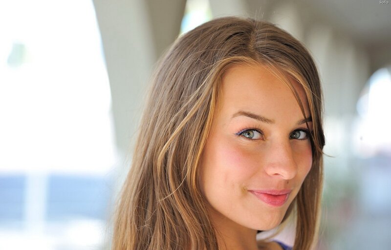 Woman with Brown Hair — Calm, Afternoon, Photograph, Eyes, Smile, Blue, White