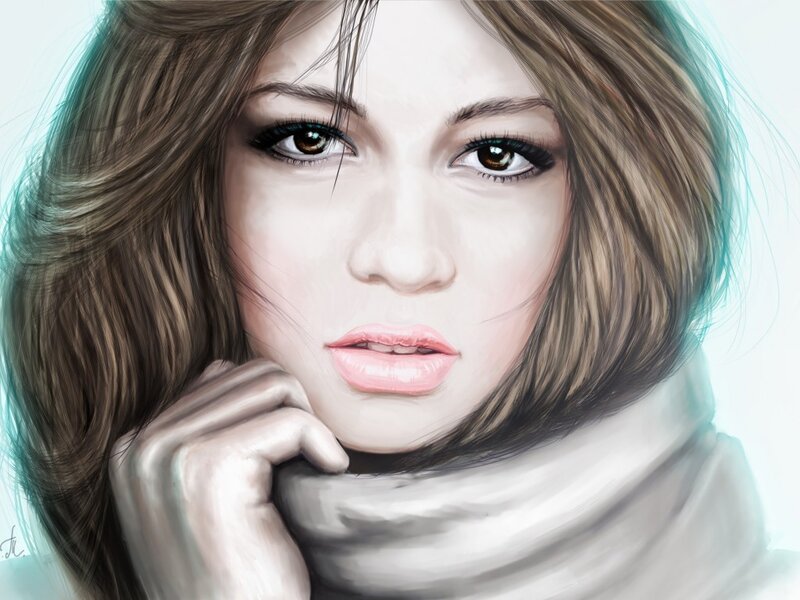 Woman with Brown Hair — Calm, Digital Art, Scarf