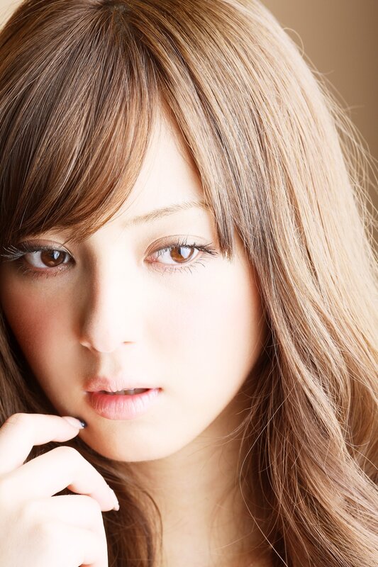 Woman with Brown Hair — Calm, Photograph, Eyes, Hand, Beige