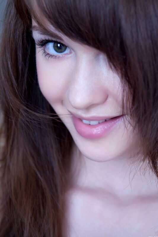 Woman with Brown Hair — Calm, Photograph, Eyes, Smile, Pink, White