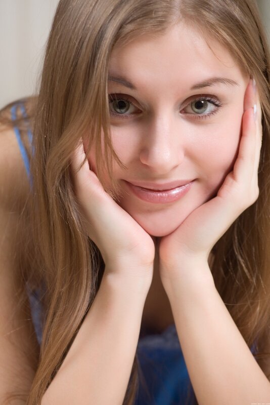 Woman with Brown Hair — Calm, Photograph, Hands, Blue Top