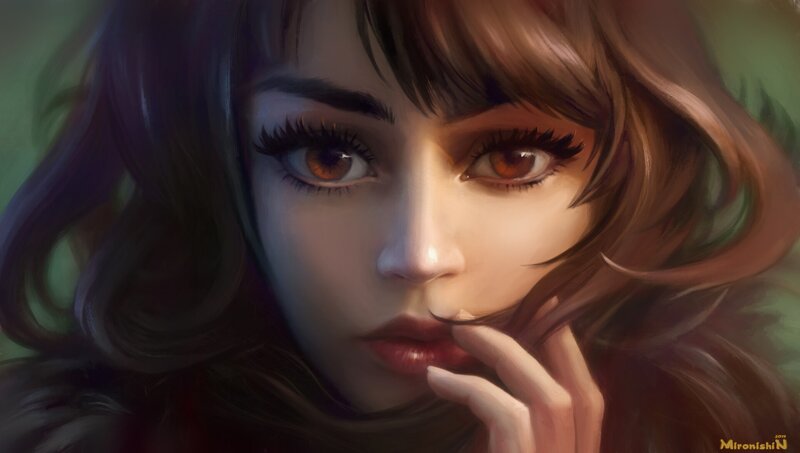 Woman with Brown Hair — Contemplative, Digital Art, Hand