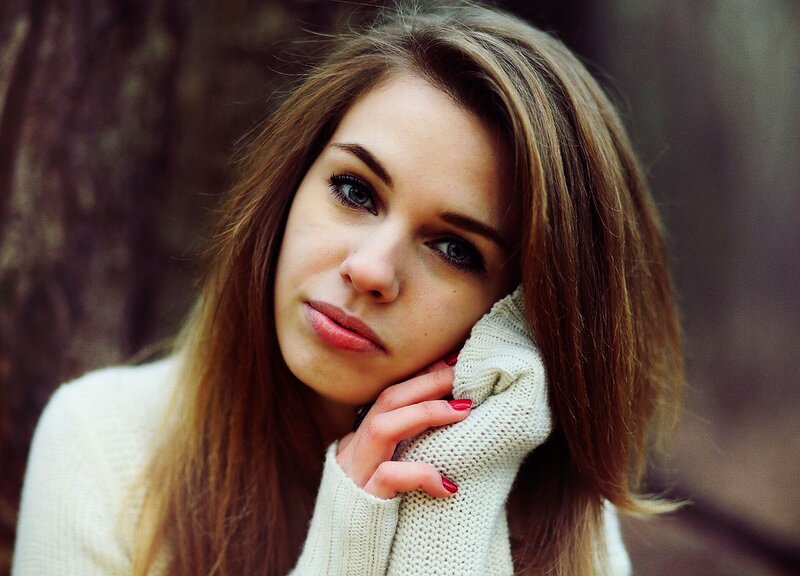 Woman with Brown Hair — Contemplative, Photograph, Sweater, Tree