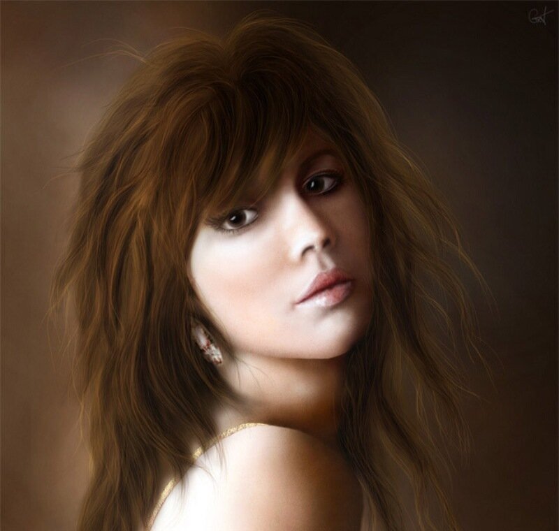 Woman with Brown Hair — Dramatic, Digital Art, Earring