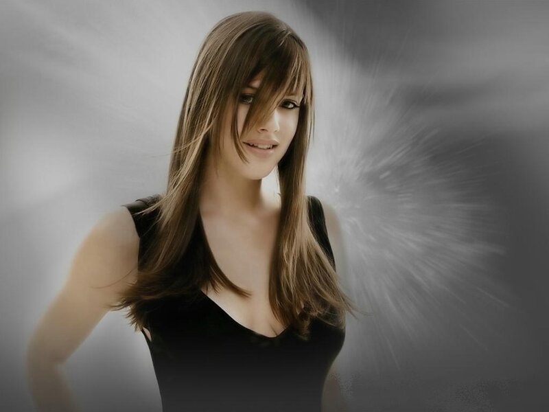 Woman with Brown Hair — Dramatic, Photograph, Black Top, Light Background