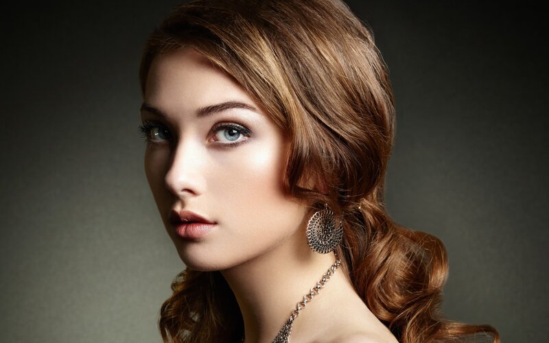 Woman with Brown Hair — Dramatic, Photograph, Earring, Necklace