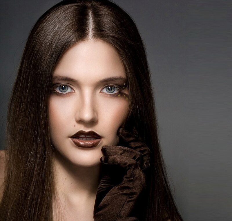 Woman with Brown Hair — Dramatic, Photograph, Gloves