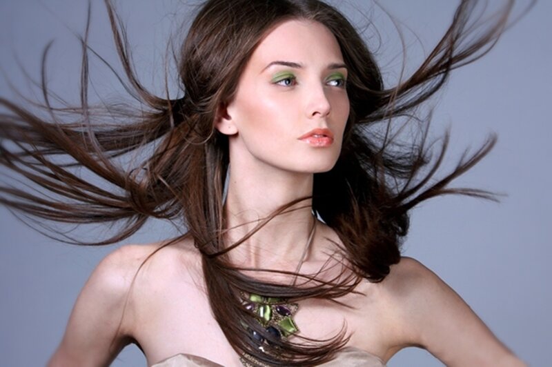 Woman with Brown Hair — Dramatic, Photograph, Green Eyeshadow
