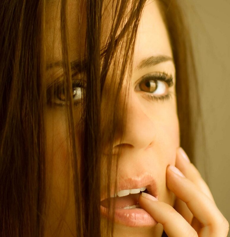 Woman with Brown Hair — Dramatic, Photograph, Hand, Eye
