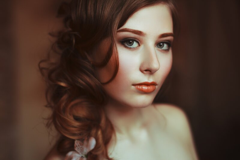 Woman with Brown Hair — Dramatic, Photograph, Makeup, Flower
