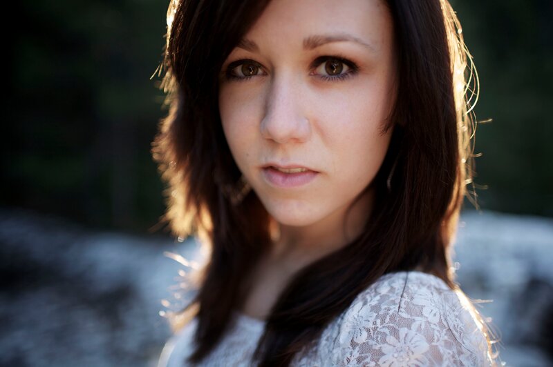 Woman with Brown Hair — Dramatic, Sunset, Photograph, Lace Shirt
