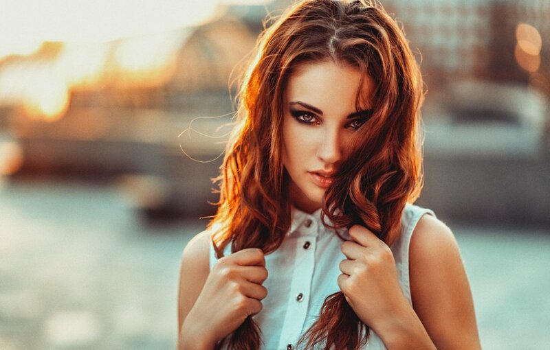 Woman with Brown Hair — Dramatic, Sunset, Photograph, Shirt
