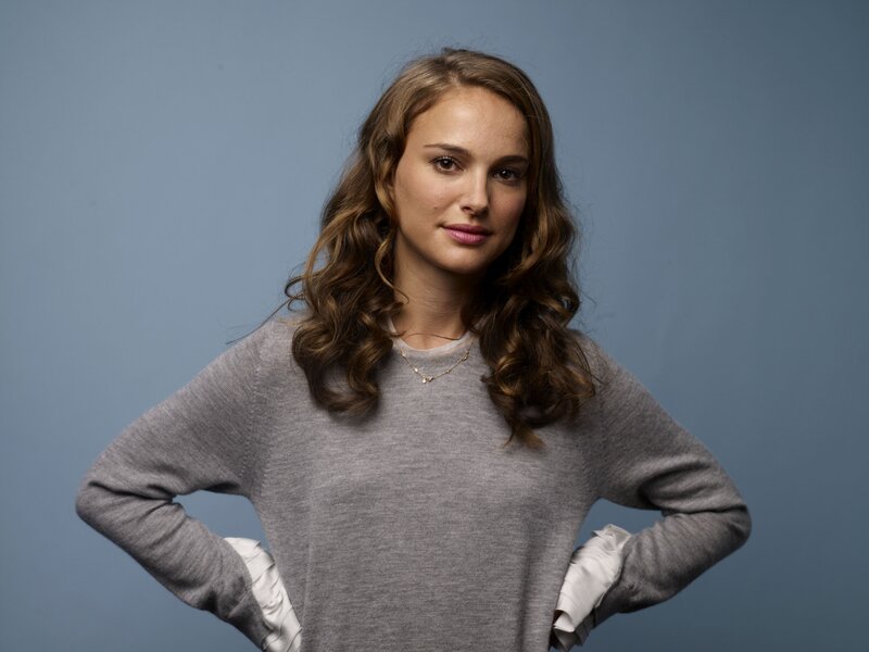 Woman with Brown Hair — Gray, Neutral, Photograph, Sweater, Necklace, Hands on Hips
