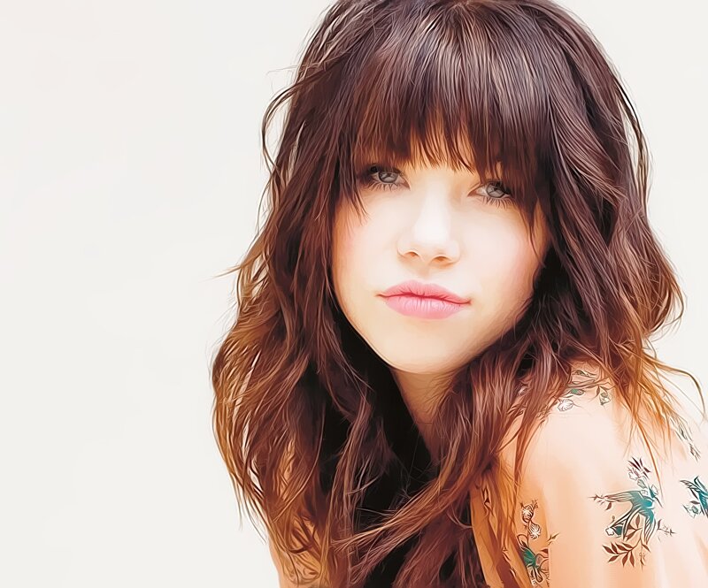 Woman with Brown Hair — Neutral, Photograph, Bangs, Tattoo