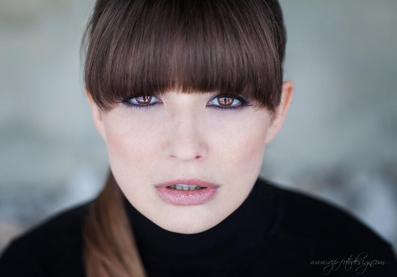 Woman with Brown Hair — Neutral, Photograph, Black Turtleneck, Bangs
