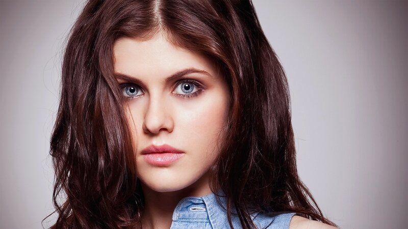 Woman with Brown Hair — Neutral, Photograph, Blue Eyes, Denim Shirt, Studio Lighting, Blue