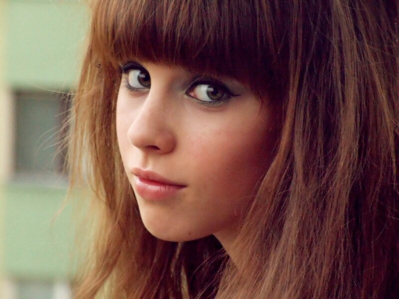 Woman with Brown Hair — Neutral, Photograph, Eyes, Bangs, Green