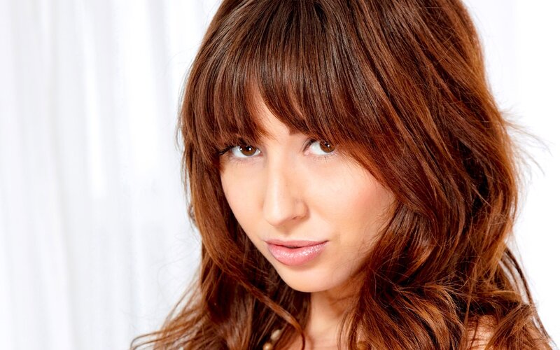 Woman with Brown Hair — Neutral, Photograph, Eyes, Bangs, White