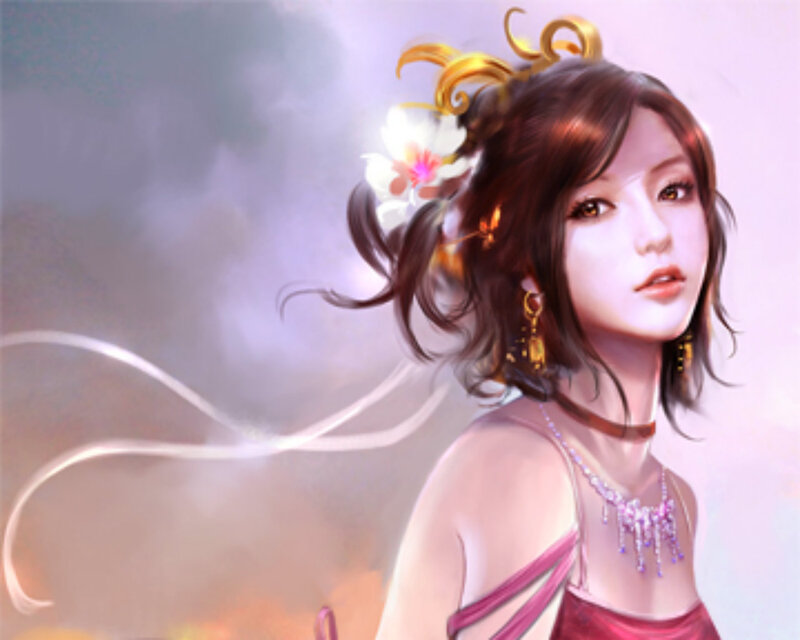 Woman with Brown Hair — Pink, Serene, Digital Art