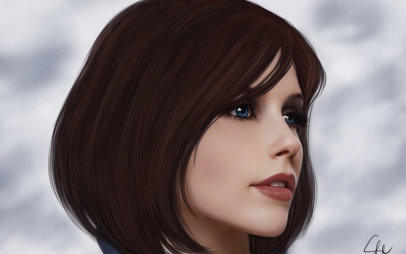Woman with Brown Hair — Serene, Digital Art, Blue Eyes