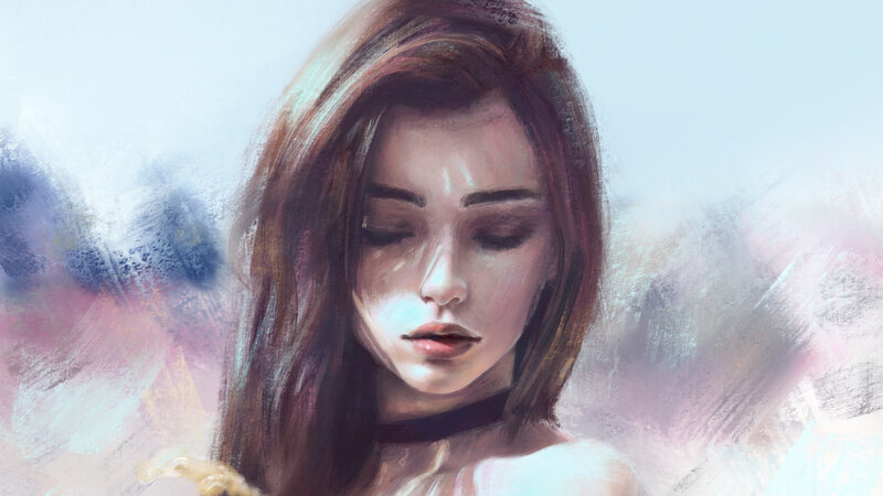 Woman with Brown Hair — Serene, Digital Art, Neck