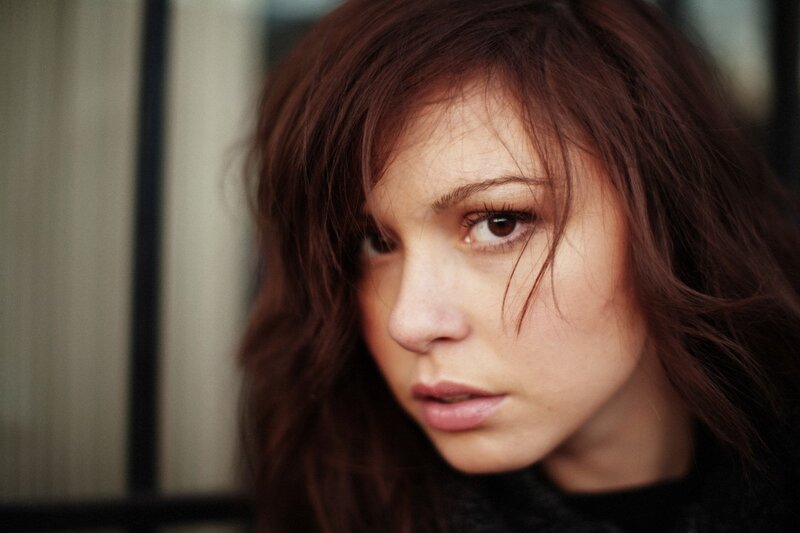 Woman with Brown Hair — Serious, Photograph, Eyes, Face, Beige