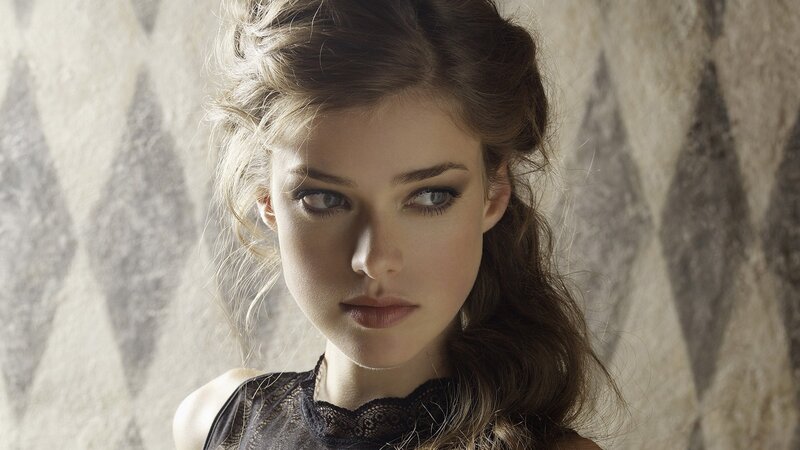 Woman with Brown Hair — Serious, Photograph, Lace Top, Wall Pattern
