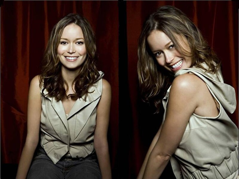 Woman with Brown Hair — Smiling, Photograph, Red Curtain