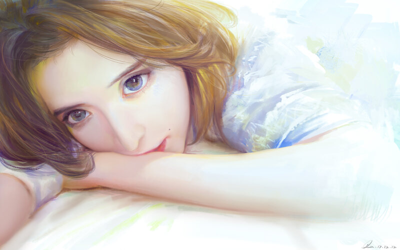 Woman with Brown Hair — White, Calm, Digital Art, Pillow
