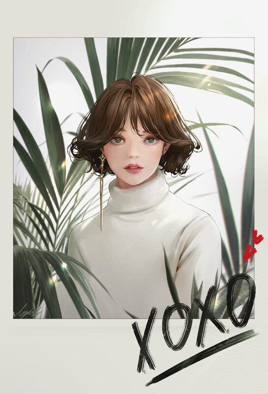 Woman with Brown Hair — White, Calm, Digital Art, Plant Leaves