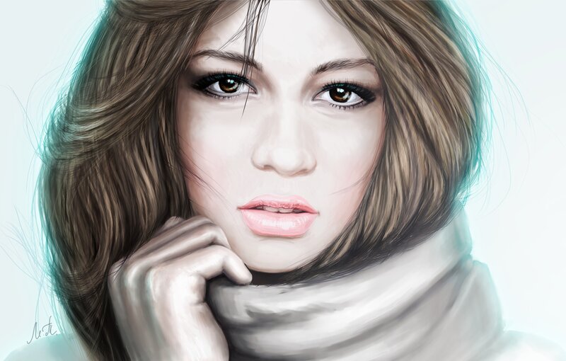 Woman with Brown Hair — White, Calm, Digital Art
