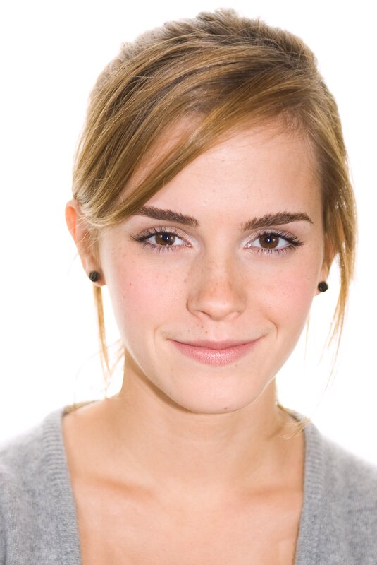 Woman with Brown Hair — White, Neutral, Photograph, Earrings, Gray Sweater, Gray