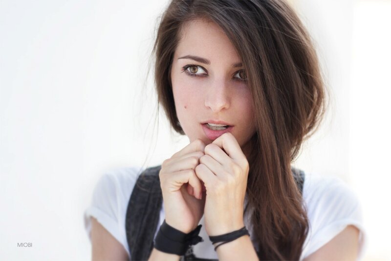Woman with Brown Hair — White, Neutral, Photograph, Hands, White Shirt