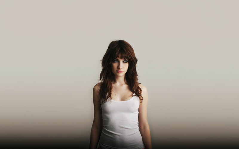 Woman with Brown Hair — White, Neutral, Photograph, White Tank Top, Bangs