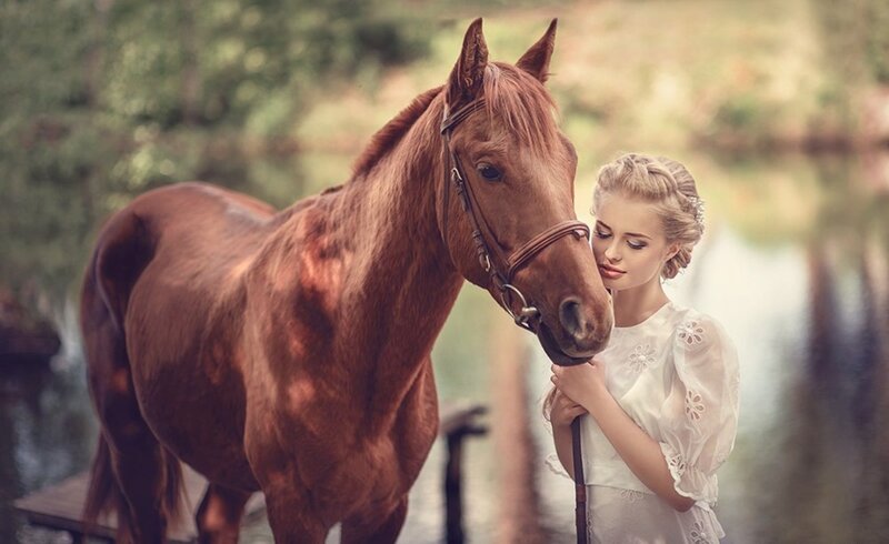 Woman with Brown Horse — Serene, Afternoon, Photograph
