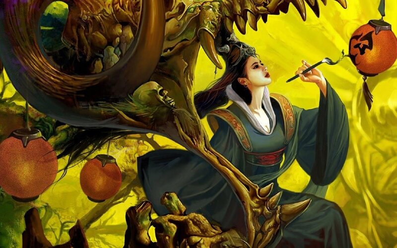 woman with brush and lanterns