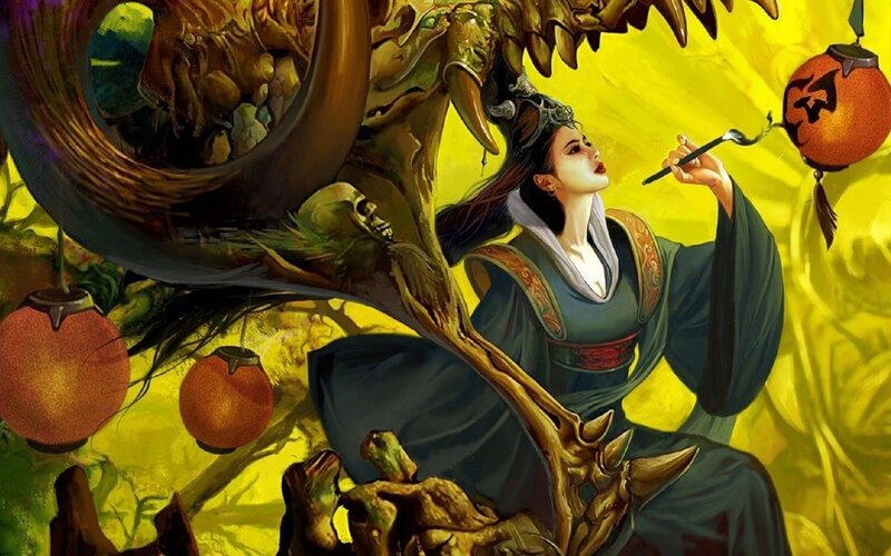 Woman with Brush and Lanterns — Yellow