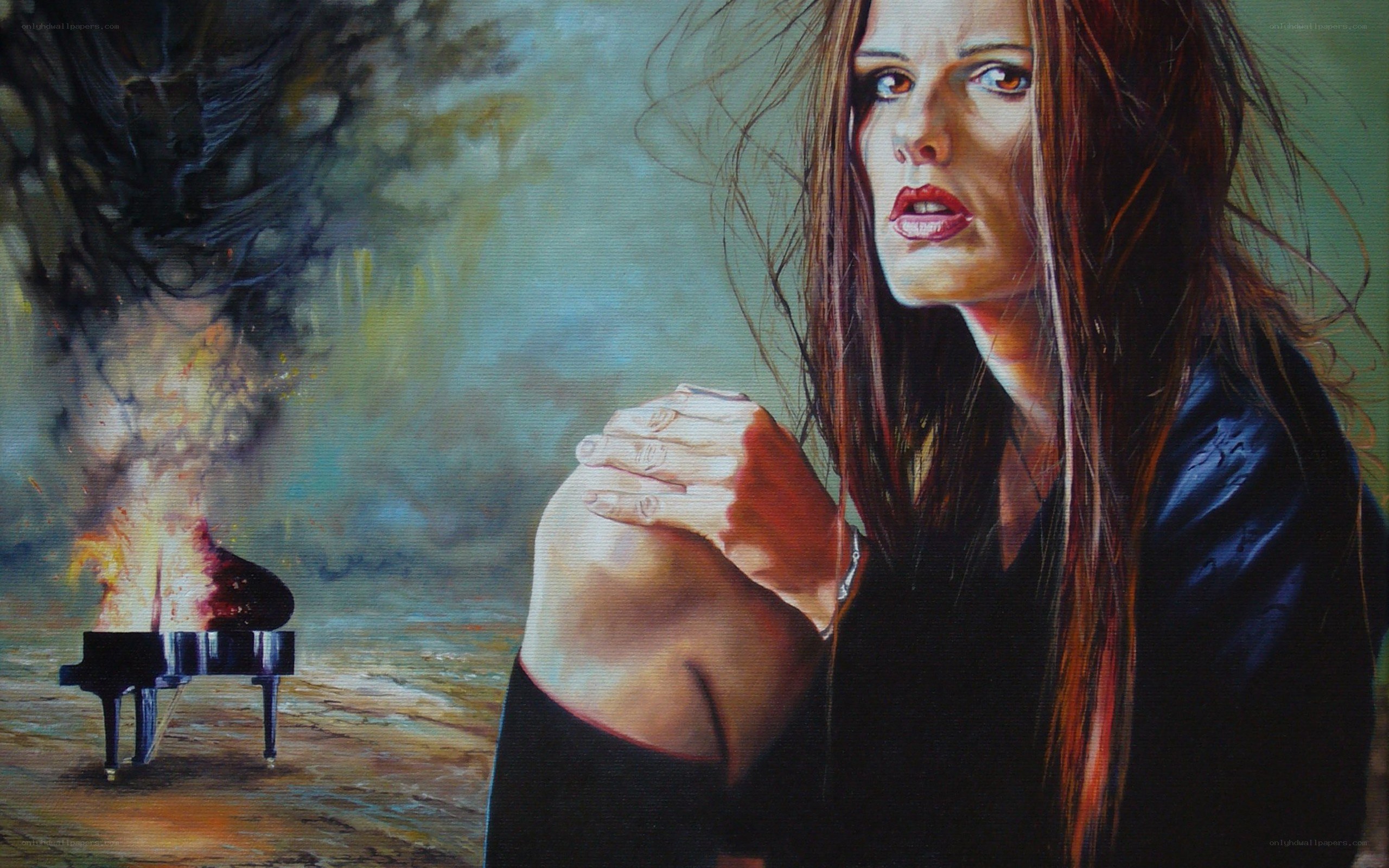 woman with burning piano