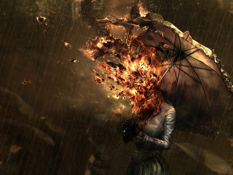 Woman with burning umbrella